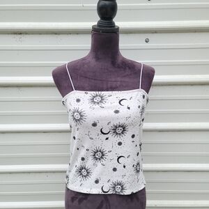 Faded Rose Sun Moon Ribbed Cute Starry Sky Black White Stretch Tank Top Sz XL